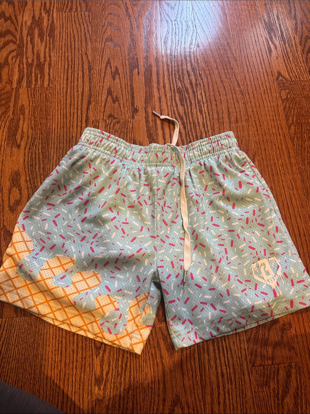 Light Blue Kids Swim Shorts with Pink Sprinkle Print